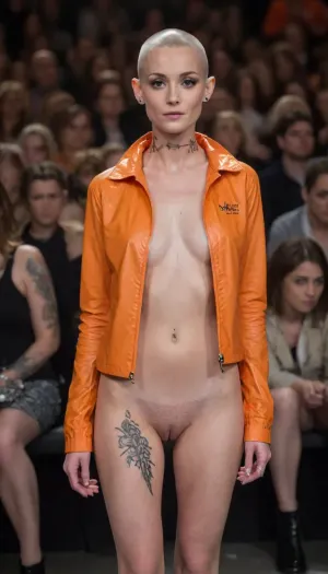 very skinny tattooed pale 54yo german woman, ((with shaved head)), ((short orange rain jacket)), ((full frontal nude, full body)), freckles, boots, numerous tattoos on arms and breasts and neck and legs, tattooed all over, large tattoos, black rubber boots, flat-chested, tiny breasts, small tits, on a catwalk, watched by elegantly clothed people sitting in the audience, <lora:PostApocalyptic_Chernobyl_v3:.5>, pale, skin, <lora:Pale_Skin_SDXL_v1.0:1.4>