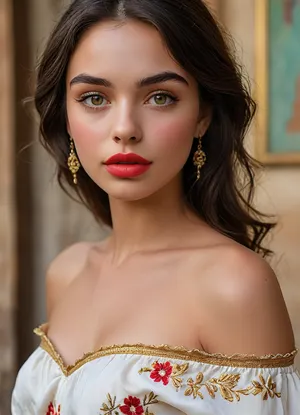 (masterpiece, best quality, ultra-detailed, photorealistic, HDR, upper body close-up portrait from head to waist, shoulders and chest clearly visible, face centered in the frame, direct eye contact with viewer, every feature in the sharpest focus, cinematic natural beauty lighting), female, 18 years old, Sofia, Spanish, with extremely attractive youthful Mediterranean appearance, distinct heart-shaped face with high forehead and soft pointed chin, flawless warm olive skin with golden undertone and subtle glow, sculpted high cheekbones with peachy blush and luminous highlights, refined slim nose with light dorsal curve, striking light green almond-shaped eyes with long outward lift, vibrant golden limbal rings, (fox eyes), moist glossy waterline, ultra-long thick upward-curled black lashes, bold straight black brows with slight arch, full wide lips with a natural defined shape, (ultra-glossy, plump and symmetrical lips:1.5), lips painted in vibrant coral red gloss, soft smile showing a hint of white teeth, eyelids with golden bronze shimmer, bold winged eyeliner and soft terracotta smoky blend, every lash and brow hair rendered with precision, soft natural hairs along the hairline, elegant neck, open shoulders and collarbones softly illuminated, (visible upper chest and cleavage under silky off-shoulder white blouse with golden embroidery:1.2), realistic fabric texture, natural folds, blouse draping just below the bust, (ultra-long, thick, jet-black straight hair cascading over one shoulder and back:1.2), subtle golden earrings, delicate fine chain necklace near collarbone, softly blurred Mediterranean interior background, five distinct non-fused fingers on each hand if visible, <lora:MJ52:1>, <lora:SDXLHighDetail_v6-000005:.8>, <lora:Microwaist_XL_v01:.8>