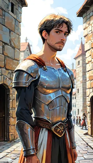 He is Torvin, (male:1.8), man, (60 y.o.:1.2), elder, (older:1.4), slavic, 1man, solo, same face at any distance, (black hair:1.2), (short hair:1.9), (grey-haired:1.4), natural skin, realistic skin texture, confident, (brown eyes), (subtle beard shadow:1.1), (masculine:1.4), not-skinny, (tall), broad-shouldered, (fully-dressed:1.8), muscular build, sharp jawline, intense piercing eyes, short dark hair, weathered face with light stubble, Torvin, a tall muscular man in his 40s with short gray hair and stern expression, wearing practical steel armor with a captain's insignia. He stands on a stone platform in a sunlit castle courtyard, addressing rows of armored guards. Guards in polished steel armor stand at attention in perfect formation, spears upright, shields gleaming. Their faces are serious and focused under open-faced helmets. Background, High medieval stone walls covered with colorful festival flags bearing a four-leaf clover emblem on silver fields. Golden noon sunlight streams down, creating sharp shadows on cobblestones. Distant castle towers visible. Atmosphere, Tense anticipation before a grand festival. Cinematic composition, low angle shot emphasizing Torvin's authority. Hyperdetailed armor textures, realistic fabrics, ultra-detailed, 8K, cinematic daylight, soft colors, photorealistic oil painting, non-glossy skin, (j_cartoon:1.4), masterpiece, score_9, score_8_up, score_7_up, score_6_up, best quality, digital, (j_cartoon:1.5), Drawing, ɦǝɳɍƴȼɐⱱɨłł, Medieval, Town, <lora:samdoesarts1.1-000030:.4>, <lora:J_cartoon:.3>, <lora:Animated_Concept:.4>, <lora:henrycavill-ɦǝɳɍƴȼɐⱱɨłł-xl_10000_lora_f32:1.6>, <lora:JJsMedievalTown_XL:1>