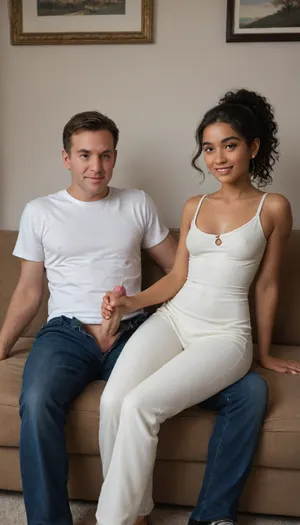 ((hero change face's girl)), front view, ((1 very beautiful young girl wearing a white very short sundress sitting on a sofa side by side with fully clothed old male man in long trousers and shirt)), medium dark tight high pony tail, questioning smile, tanned, narrow waist, small breasts, highly detailed, CN, Girl6, clothes, stiff nipples, (little nip slip:1.2), one nipple exposed, man has his penis out, handjob, ejaculation.