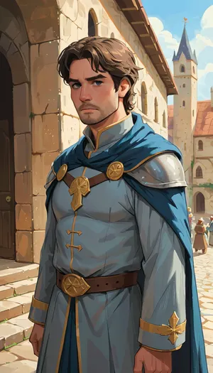 He is Roland, (male:1.8), man, (50 y.o.:1.2), slavic, 1man, solo, same face at any distance, short dark-gray hair, gray temples, natural skin, realistic skin texture, confident, (muted gray-blue eyes:.8), (subtle beard shadow:1), masculine, not-skinny, king, Prince Roland commanding guards, A nobleman. Wearing in royal robes, silver trim, fur-lined cloak. Standing on a stone dais in a sunlit castle courtyard.
Surrounding, Dozens of armored guards in polished steel breastplates and open-faced helmets, standing at rigid attention. Spears upright, shields bearing a four-leaf clover emblem. Distracted glances toward Roland's intense presence.
Background, High medieval castle walls draped with colorful festival banners. Cobblestone yard, training dummies, distant stables. Golden hour sunlight cutting through morning mist, casting long shadows.
Composition, Low-angle shot emphasizing Roland's authority.
Atmosphere, Tense anticipation before a grand festival.

ultra-detailed, 8K, cinematic daylight, soft colors, photorealistic oil painting, non-glossy skin, (j_cartoon:1.4), masterpiece, score_9, score_8_up, score_7_up, score_6_up, best quality, digital, (j_cartoon:1.5), Drawing, Medieval, Town, ŧøɱɦøłłɐɳđ, <lora:samdoesarts1.1-000030:.4>, <lora:J_cartoon:.3>, <lora:Animated_Concept:.4>, <lora:JJsMedievalTown_XL:1>, <lora:tomholland-ŧøɱɦøłłɐɳđ-xl_10100_lora_f32:1.6>