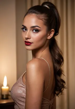 20 year old brown haired woman side eyeing camera, looking over her shoulder, leaning slightly back, deeply tanned brown skin, smirking, happy, seductive, back to camera, full dark red lips, prominent cupids bow lips, shiny lipgloss, hair in an elegant ponytail, (eyeliner, winged eyeliner, dark eyeshadow), makeup, nude, (candlelight)