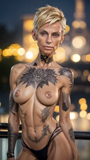 crazy glamorous fashionable 65 years old naked milf, scandinavian skinny body, sinewy body, blonde mohawk updo undercut hair, extreme realism, casual iPhone picture, natural light, outdoor patio background, casual entire body pose, very dark tanned skin, (very small pointy breasts), athletic, vivid colorful background, vivid colorful fashionable accessoires, white nail polish, StokeRealV1, Tyndall, effect, light, rays, kkw-ph1, <lora:SDXLrender_v2.0:1>, <lora:StokeRealV1:1>, <lora:Tyndall effect_Light v1.1:.3>, <lora:age_slider_v20:1>