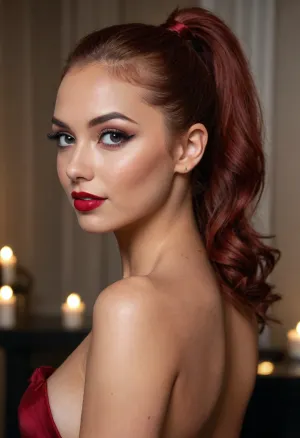 20 year old red haired woman side eyeing camera, looking over her shoulder, leaning back, head thrown back, deeply tanned brown skin, smirking, happy, seductive, back to camera, full dark red lips, prominent cupids bow lips, shiny lipgloss, hair in an elegant ponytail, (eyeliner, winged eyeliner, dark eyeshadow), makeup, nude, (candlelight)