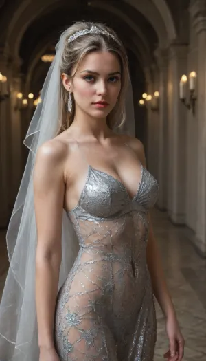 20000413.1, A regal cybernetic queen adorned in an intricate metallic gown that shimmers like liquid silver. Her sleek, sculpted hairstyle is crowned with an elegant, futuristic headpiece resembling an alien artifact. Her piercing blue eyes radiate intelligence and mystery, as she stands in a grand hall filled with golden lights and high-tech architecture. Every detail of her attire exudes elegance and power, as if she belongs to a lost empire from a distant galaxy