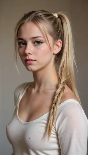beautiful blonde 18 years old with ponytails woman, lewddungeon, background walls, <lora:tiedbreastsblue_XL_reg0_:.5>