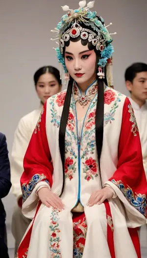 (fashion week, modern, white background, audience in suits are sitting, runway fashion show:1.4), (1girl, asian, tall 178 cm:1.3), Chinese traditional opera costume, (slender body, long legs:1.3), (peking opera clothes:1.3), (CHINESE opera actress, without makeup, less hair decoration:1.2), black hair, Chinese traditional hair style, (long legs:1.2), (white high heels shoes:1.2), chinese, peking, opera, fashion, show, podium, walks, posing, <lora:MaybeBetterFaceInFullBodyLora_XL_rev3:1.2>, <lora:504406_training_data:2>, <lora:chinese_peking_opera:.7>