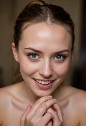 Realistic photography, Ultra quality, high detailed, straight on, very close-up, in an historical castle with high ceiling, woman bends against a wall, naked, well-built body, 19 years old, ((fair skin)), (middle sized boobs), ((small round green eyes)), ((round face)), (view to viewer), mouth open, cute face, brown hair with high ponytail, evil view, (evil smiling), head turned slightly right, discreet makeup, eyeliner, skin texture, skin freckles, (skin pores), symmetrical eyes, night, dark, high contrast, film grain, sharp focus, uhd 8k, high detailed skin, high detailed mouth, high detailed eyes, glossy eyes, high detailed iris, high detailed fingers, high detailed fingernails, manicure, high detailed vagina, high detailed teeth, high detailed lips, high detailed feet, soft light, ultra quality, dslr, masterpiece