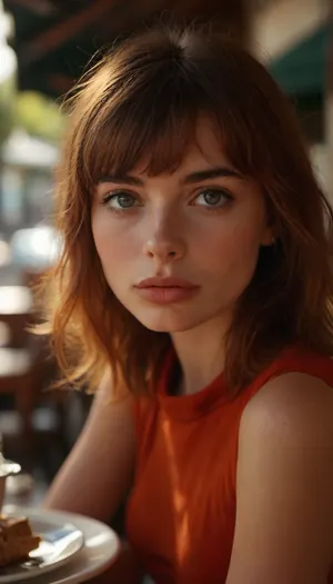 ziprealism, (avant-garde snapshot esthetic), (adorable French woman, lunch at iconic outdoor cafe:1.6), (elegance, refined, confident), (f/2.8, shallow depth of field, creamy bokeh, tight head shot extreme face closeup, layered composition with subtle foreground, strong shadowy vignette, focus on eyes), (vibrant auburn hair, long wispy bangs, pageboy hair cut:1.4), (catchlights, sharp contrasting limbal rings, large expressive eyes, stunning eyes, perfect eyes, slightly downturned eyes, long delicate eyelashes), (full lips, soft lips, moist lips, metallic white waterline), (porcelain skin), igbaddie, <lora:MJ52:.6>, <lora:igbaddie-XL:.4>