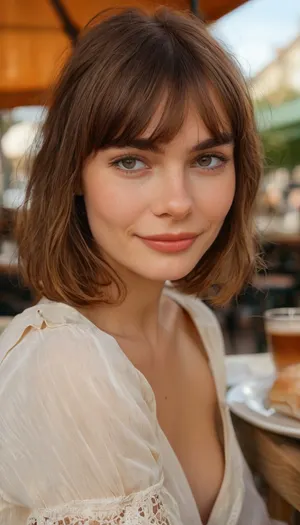 ziprealism, (avant-garde snapshot esthetic), (adorable French woman, soft smile, warm loving gaze, lunch at iconic outdoor cafe:1.6), (elegance, refined, confident), (f/2.8, shallow depth of field, creamy bokeh, tight head shot extreme face closeup, layered composition with subtle foreground, strong shadowy vignette, focus on eyes), (silky brunette hair with warm highlights, long wispy bangs, jaw length pageboy hair cut, bobcut hair:1.4), (catchlights, sharp contrasting limbal rings, large expressive eyes, stunning eyes, perfect eyes, slightly downturned eyes, long delicate eyelashes), (full lips, soft lips, moist lips, metallic white waterline, soft facial features), (porcelain skin), igbaddie, <lora:MJ52:.6>, <lora:igbaddie-XL:.4>