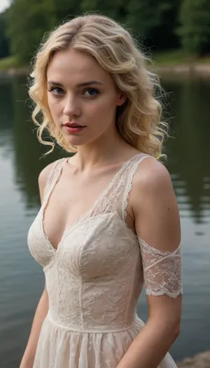 Femme européenne, cheveux blonds ondulés, vêtue d'une robe couleur crème ornée de dentelle elle est à genoux devant un lac, sa tête entre ses mains, elle pleure et on voit les larmes couler sur visage