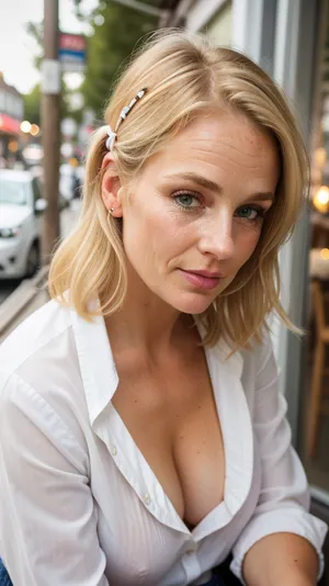 Full portrait picture of a 40 year old Scandinavian woman, front view, ((looking through her purse at a street cafe)), ((looking down)), leaning forward, accidentally exposing her breasts, (white formal buttoned shirt), plump, pale and freckled skin, ((blonde hair in hair clip at the bottom)), (high cheekbones), (characteristic nose), (lush bow shaped lips with intricate lipstick), (wrinkles around eyes), (delicate make-up), Nikon, zoom lens, masterpiece, highly detailed photo, milf, nipslip, <lora:age_slider_v20:.9>, <lora:epiCRealismHelper:.8>, <lora:Milf:.6>, <lora:RealDownblouse4:.8>