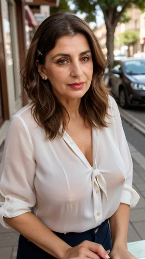 Full portrait picture of a 60 year old Armenian woman, front view, ((looking through her purse at a street cafe)), ((looking down)), leaning forward, accidentally exposing her breasts, (white formal buttoned shirt), plump, pale and freckled skin, ((brunette with highlights hair in hair clip at the bottom)), (high cheekbones), (characteristic nose), (lush bow shaped lips with intricate lipstick), (wrinkles around eyes), (delicate make-up), Nikon, zoom lens, masterpiece, highly detailed photo, milf, nipslip, <lora:age_slider_v20:.9>, <lora:epiCRealismHelper:.8>, <lora:Milf:.6>, <lora:RealDownblouse4:.8>