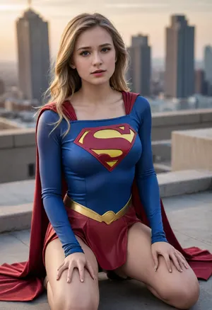 young girl, 18 years old dressed as supergirl, on knees on a rooftop. Outfit is torn and her breasts are exposed, (small pert breasts), (boobs are visible through torn top), <lora:zzy_SDXL_1_:1>, <lora:bdsm_SDXL_1_:.5>