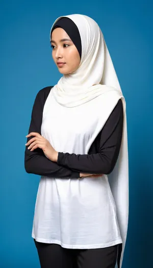 (no face), In blue background photo studio, rear view, full body view, asian, wearing black hijab, skinny, long sleeve white t-shirt, black long pants, both hands down, hijab, scarf, jerseyseries, silkseries, parisseries, <lora:hijab-style:.8>