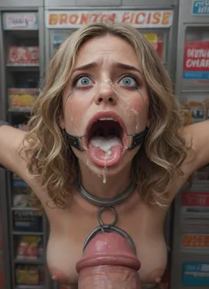 (40 years adult), (woman is stuck with her hips in a round hole with metal rim in a vending machine), (her bust is protruding from a round hole in the front of the vending machine:1.5), (stuck in hole with metal rim:1.3), (vending machine at night, slot for payment), (wide mouth spreader ring gag, gaping mouth:1.5), (leaning forward), (embarrassed, ashamed), (pleading expression:1.2), (terrified:1.6), (crying:1.2), (fear and panic:1.2), (box is low mounted, close to floor), (score_9, score_8_up, score_7_up, UHD 8K, masterpiece, best quality, maximum details, natural light, extreme realism, cinematic still), (huge penis:1.4), (she stares at erect penis in front of her face:1.3), (POV from above, she is looking up to viewer, submissive), (POV man standing and looking down, man stroking his big dick:1.1), (arms restrained to wall), (her arms left and right flat against the wall, multiple iron rings fixing her stretched arms against the wall:1.5), (POV standing man, looking down on her:1.2), (mouth wide open), (dirty blonde Swedish woman, freckles, tanned), (tan lines), (iron rings restrain her arms to vending machine), (her arms are spread eagle against vending machine:1.8), (arms restrained with iron rings:1.8), (free-standing vending machine), (her face is covered in cum:1.6), (cum in er mouth:1.1), (bukkake, facial:1.3), (crying:1.3), (freckles, skin impurities), (transparent liquid:1.2), (realistic cum), (wet face:1.2), (oily skin:1.5), (stuck in a round hole with metal rim:1.6), (long blonde hair, elegantly styled hair, long wavy hair:1.5), (eyes wide open in horror:1.3), (her mouth serves only one purpose), (she's got a new job, she's a public cum dumpster)