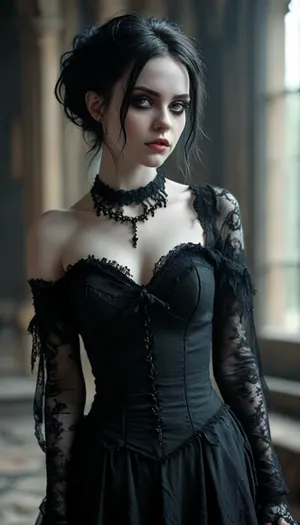 elegant ripped goth clothes, gothic, goth, pale skin, black eyeliner, full body view, <lora:MJ52:1>