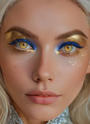 (masterpiece, best quality, ultra-detailed, photorealistic, HDR, fantasy portrait, extreme close-up), Aelith, feminine, young adult, face in soft diamond shape with symmetrical proportions, flawless deep sapphire-blue skin with subtle pearlescent glow, high sculpted cheekbones adorned with faint natural crystal-like patterns, elegant narrow nose with smooth bridge, full heart-shaped lips tinted in metallic blue gloss, (striking gold eyes with no visible pupils, glowing softly from within:1.5), long white lashes, soft arc of delicate silver brows, gentle serene smile, forehead and cheeks shimmer with iridescent highlight, elongated pointed ears, flowing silver-white hair with opal reflections, visible shoulders and upper chest in translucent silvery garment, background softly blurred with cosmic nebula colors and faint starlight, correct anatomy, luminous color and detail, five distinct non-fused fingers on each hand if visible, <lora:MJ52:1>, <lora:SDXLHighDetail_v6-000005:.8>, <lora:Microwaist_XL_v01:.8>