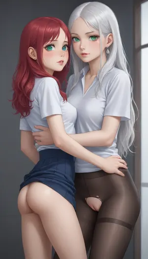 Two girls, lesbians.
The first girl's name is Katya, a beautiful 18 year old young girl, she has a young face, long red hair, green eyes, a young athletic body, very sexy, very long eyelashes, (tight pussy:1.5), (cute pussy:1.5), ((small pussy)), ((tight little ass)), small firm breasts, she is a virgin, very shy.
The second girl's name is Lisa, a beautiful 20 year old girl, long white hair, blue eyes, she is already experienced and very horny.
Katya naked in a skirt and without panties.
Lisa is wearing a tight school shirt, no panties.
Scene of Katya standing pressed against the wall, and Lisa standing behind Katya and lifting her skirt.
At school.
General shot.