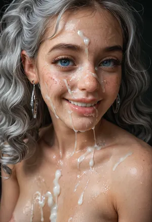 super close shot of bukkake, (viewed from side and above, happy surprized expression), eyes looking at viewer, hd dark blue eyes and detailed cornea and iris, cumshots, facial portrait picture of her face in cum facial, with natural minimal makeup, a lot of thick runny wet Cum on her face, cum on her eyelashes, Cum on her eyelids, Cum on her cheek skin, her face wet dripping thick Cum, Cum on her lips. cum on hair, dripping cum, woman, cum, on, face, runny dripping cum between breasts, (wide_set medium very saggy pointy breasts), cum over her high_set nipples, (huge puffy thick large erect perky nipples), (silver haired ellie, long wavy hair), <lora:JustCum:1.9>, <lora:add-detail-xl:1.9>