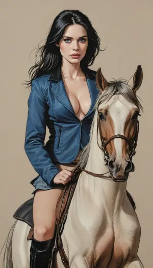 (A detailed pencil drawing with clean lines and meticulous shading, sketch of a nude woman with blue eyes and black hair riding on a horse, bouncing breasts, realistic anatomy, horse jump mid-motion shot, sharp lines), wearing riding helmet and unziped riding jacket revealing nude body, supermodel face, big lips, handslora, soft features, and a serene expression, drawing have delicate shading and intricate details, capturing the essence of the subject with fine pencil strokes, background is simple, allowing the focus to remain on the portrait itself, drawing by NTY, v0ng44g, sk3tch, .8>, ratatatat74, <lora:sketch_it:1.3>, <lora:outline_xl_kohaku_delta_spv5x:.8>, <lora:ratatatat74-000050:.8>