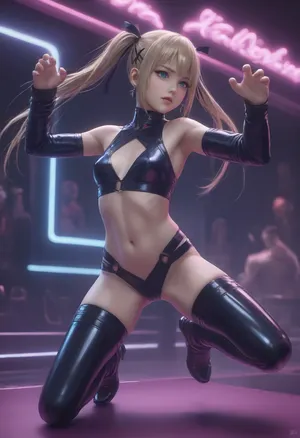 Marie Rose from Dead or Alive lewdly dancing on stage in cyberpunk bar, revealing pose, dynamic pose, action pose, neon lights, smoky atmosphere