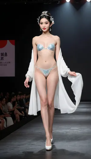(fashion week, modern, fancy light, dark background, runway fashion show:1.4), (1girl, asian, long legs, tall girl, 180 cm:1.4), (walking, white underpanties:1.2), Chinese traditional opera hair style, (slender body, long legs:1.3), (top naked, natural breasts:1.3), (without makeup:1.2), black hair, (black thick curly pubic hair:1.2), (white high heels shoes:1.2), chinese, peking, opera, show, podium, walks, posing, fashion, runw4y, <lora:MaybeBetterFaceInFullBodyLora_XL_rev3:1.2>, <lora:chinese_peking_opera:.9>, <lora:fashion_runw4y:1.8>, <lora:493467_training_data:1.2>