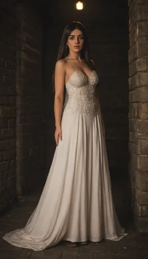 Full-length photo, Beautiful woman, 18 y.o., medium straight brunette hair, brown eyes, Thai roots, athletic, tight big breasts, ((olive skin)), bushy pubic hair, innocent, shy, submissive, posing like a porn star, (ballgown dress:1.6), (stocking:1.6), heels, (dark dungeon:1.6), (dim light:1.6), (zavy-bcklt:1.6), <lora:681678_training_data:.8>, <lora:zavy-bcklt-sdxl:.8>