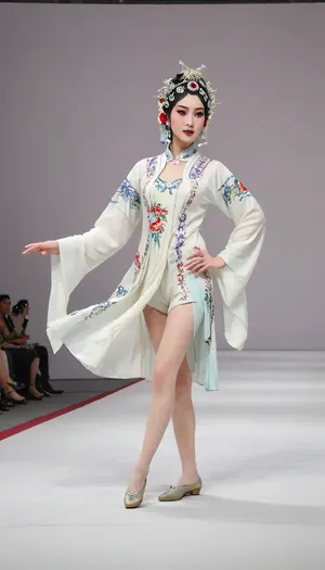 (fashion week, modern, white background, runway fashion show:1.4), (1girl, asian, long legs, tall girl, 180 cm:1.4), (dancing:1.3), Chinese traditional opera costume, (slender body, long legs:1.3), (peking opera clothes:1.3), (CHINESE opera actress, without makeup, less hair decoration:1.2), black hair, Chinese traditional hair style, (long legs:1.2), (white high heels shoes:1.2), chinese, peking, opera, show, podium, walks, posing, fashion, runw4y, <lora:MaybeBetterFaceInFullBodyLora_XL_rev3:1.2>, <lora:chinese_peking_opera:.7>, <lora:fashion_runw4y:1.8>, <lora:Dance_Art:.7>, <lora:493467_training_data:.8>