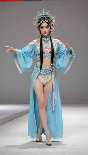 (fashion week, modern, white background, runway fashion show:1.4), (1girl, asian, long legs, tall girl, 180 cm:1.4), (dancing:1.3), Chinese traditional opera costume, (slender body, long legs:1.3), (peking opera clothes:1.3), (CHINESE opera actress, without makeup, less hair decoration:1.2), black hair, Chinese traditional hair style, (long legs:1.2), (white high heels shoes:1.2), chinese, peking, opera, show, podium, walks, posing, fashion, runw4y, <lora:MaybeBetterFaceInFullBodyLora_XL_rev3:1.2>, <lora:chinese_peking_opera:.7>, <lora:fashion_runw4y:1.8>, <lora:weird_runway:1.5>, <lora:Dance_Art:.9>