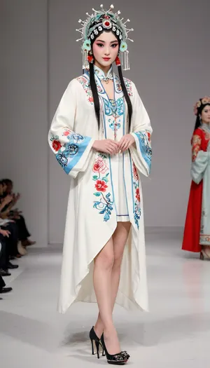 (fashion week, modern, white background, runway fashion show:1.4), (1girl, asian, long legs, tall girl 178 cm:1.3), Chinese traditional opera costume, (slender body, long legs:1.3), (peking opera clothes:1.3), (CHINESE opera actress, without makeup, less hair decoration:1.2), black hair, Chinese traditional hair style, (long legs:1.2), (white high heels shoes:1.2), chinese, peking, opera, show, podium, walks, posing, fashion, runw4y, <lora:MaybeBetterFaceInFullBodyLora_XL_rev3:1.2>, <lora:chinese_peking_opera:.7>, <lora:fashion_runw4y:1.7>