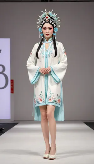 (fashion week, modern, white background, runway fashion show:1.4), (1girl, asian, long legs, tall girl 178 cm:1.3), Chinese traditional opera costume, (slender body, long legs:1.3), (peking opera clothes:1.3), (CHINESE opera actress, without makeup, less hair decoration:1.2), black hair, Chinese traditional hair style, (long legs:1.2), (white high heels shoes:1.2), chinese, peking, opera, show, podium, walks, posing, fashion, runw4y, <lora:MaybeBetterFaceInFullBodyLora_XL_rev3:1.2>, <lora:chinese_peking_opera:.7>, <lora:493467_training_data:1>, <lora:fashion_runw4y:1.2>