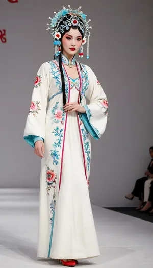 (fashion week, modern, white background, runway fashion show:1.4), (1girl, asian, long legs, tall girl 178 cm:1.3), Chinese traditional opera costume, (slender body, long legs:1.3), (peking opera clothes:1.3), (CHINESE opera actress, without makeup, less hair decoration:1.2), black hair, Chinese traditional hair style, (long legs:1.2), (white high heels shoes:1.2), chinese, peking, opera, show, podium, walks, posing, fashion, runw4y, <lora:MaybeBetterFaceInFullBodyLora_XL_rev3:1.2>, <lora:chinese_peking_opera:.7>, <lora:493467_training_data:1>, <lora:fashion_runw4y:.8>
