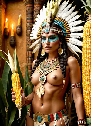 Aztec priestess, in a crystal temple, face painted with ritual patterns, ritual Aztec headdress of feathers, beautiful half-naked figure decorated with amulets, holding in her right hand a snake, ((in her left-hand golden cob of maize)), .