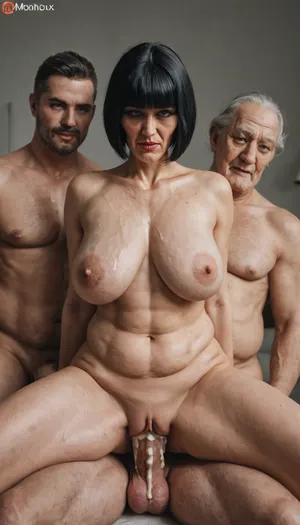 very realistic photo, fine details, 4K, 8K, beautiful face, sexy old woman face, (black bob cut hair:1.8), closed mouth, (old woman's little fat body, wrinkled face, grandmother's body, sitting on man's lap, open legs, man's cock entered vagina, a lot of cum is flowing out the vagina, grandmother got fucked), she enjoys it very much, sperm flows from her pussy, slightly sagging belly, long small wrinkled breasts, wrinkled ribcage, kneeling, 69 years old, little fat, thin, small elongated and sagging breasts, wrinkled body, old whore, straight brown hair, 5 men with cocks in their hands, emptying their sperm on the old woman's face, the old whore's whole body is full of sperm, sperm in her hair, sperm comes out of her mouth, hotel room, raped, enjoys it very much, men are crazy about the old whore They fucked