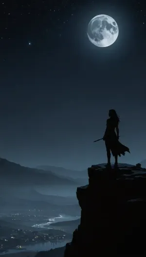 concept art silhouette of a female Moon Shadow Hunter standing on a cliff edge under a crescent moon, minimalist design, vast starry night sky and misty valley with village below, monochromatic, (black, white, shades of blue), atmospheric, evocative, clean lines, matte painting, Mike Mignola Style page, <lora:Mike Mignola Style:.8>
