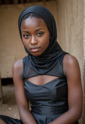 portrait of a, (very petite:1.3), (19 year old), (Congolese woman), (very dark black skin), (satin-dress), (cum on face), (cum on hijab), sitting near a well. woman, cum, on, face, <lora:JustCum:1>