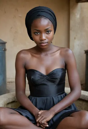 portrait naked of a, (very petite:1.3), (19 year old), (Congolese woman), (very dark black skin), (satin-dress), (cum on face), (cum on hijab), sitting near a well. woman, cum, on, face, <lora:JustCum:1>