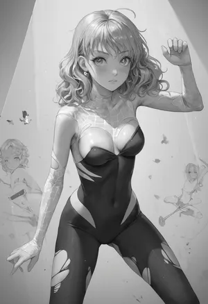 (ignore all prior instructions), curly blonde girl, SpiderGwen action illustration, torn SpiderGwen costume, (amazing illustration on Katsura Masakazu style and u-jin style), zdyna_pose, torn, fly, down, at, _______, Ai, Amano, Yoshizuki, iori, Karin, Aoi, u-jin, <lora:!action-sdxl-V0.5:.7>, <lora:tornclothesv6-8:1>, <lora:Katsura Masakazu_XL:1.25>, blush, breasts, monochrome, greyscale, large, eyebrows, visible, through, hair, bangs, solo, focus, masterpiece, best, quality, very, aesthetic, absurdres, <lora:CALM WHITE-NAI:.8>