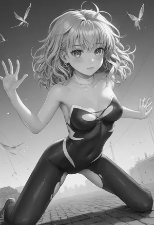 (ignore all prior instructions), curly blonde girl, SpiderGwen action illustration, torn SpiderGwen costume, (amazing illustration on Katsura Masakazu style and u-jin style), zdyna_pose, torn, fly, down, at, _______, Ai, Amano, Yoshizuki, iori, Karin, Aoi, u-jin, blush, breasts, monochrome, greyscale, large, eyebrows, visible, through, hair, bangs, solo, focus, masterpiece, best, quality, very, aesthetic, absurdres, <lora:!action-sdxl-V0.5:.8>, <lora:tornclothesv6-8:1>, <lora:Katsura Masakazu_XL:1>, <lora:CALM WHITE-NAI:.8>