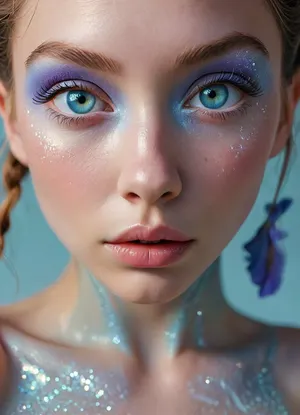 (masterpiece, best quality, ultra-detailed, photorealistic, HDR, fantasy art, portrait from face to upper thighs, full face, torso, and hips in frame, cropped above mid-thighs, figure centered, standing pose), female, young adult, Jin, inhuman being, triangular face with sharply angled cheekbones, peach-orange skin with holographic shimmer, high prominent cheekbones adorned with luminous wave-like patterns, (eyes, square light-blue irises with sparkling highlights, no visible pupils, radiant:1.5), long feathery lashes, short narrow flat nose, (ultra-glossy, very plump short lips with pronounced asymmetry:1.5), lips painted in opalescent gold and coral, enigmatic sensual smile, no visible eyebrows—waves of iridescent shimmer above eyes, hair ultra-long, rainbow-hued, styled in a futuristic sculptural updo with loose strands framing the face, (upper body ultra-sexy, large perfectly rounded breasts with radiant skin, high glowing collarbones, sheer crystaline garment barely covering the chest and flowing over shoulders), (waist extremely narrow and dramatically cinched, smooth belly with iridescent tattoos, navel glowing softly, hips very wide, round and high, glowing opalescent skin, hips and upper thighs covered by misty, translucent fabric that fades to holographic light at the edge), hands at sides, long graceful fingers, background softly blurred, abstract luminous futuristic landscape, anatomy fantastical and hyper-feminine, hyperreal color and detail, five distinct non-fused fingers on each hand if visible, <lora:MJ52:1>, <lora:SDXLHighDetail_v6-000005:.8>, <lora:Microwaist_XL_v01:.8>