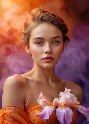 (masterpiece, best quality, ultra-detailed, photorealistic, HDR, fantasy art, portrait from face to upper thighs, full face, torso, and hips in frame, cropped above mid-thighs, figure centered, standing pose), female, young adult, Vesper, inhuman being, extremely sharp chin, face with gradient coloration—deep violet at the forehead softly blending to vivid pink at the neck, high angular cheekbones, three-petaled nose with three tiny nostrils, (eyes saturated orange with unique three-lobed iris:1.5), no visible sclera, long radiant lashes, upper lip shaped as a double wave, lower lip full, both lips metallic, shifting from magenta to copper, subtle smile, no natural eyebrows—thin faint glowing lines above eyes, ears elongated and shaped like flower petals, hair flows in long translucent pink waves, layered and cascading over shoulders, (upper body lithe, high prominent breasts with a soft luminescent glow, collarbones and shoulders sharply defined, covered by abstract swirling misty garment of shifting pinks and violets), (waist slender and flexible, belly and hips with smooth transition of gradient color, hips wide and high, upper thighs barely visible beneath layers of glowing fog-like fabric), hands by sides, long luminous fingers, background softly blurred—vivid cosmic mist and sparks, anatomy fantastical, ultra-real color, five distinct non-fused fingers on each hand if visible, <lora:MJ52:1>, <lora:SDXLHighDetail_v6-000005:.8>, <lora:Microwaist_XL_v01:.8>