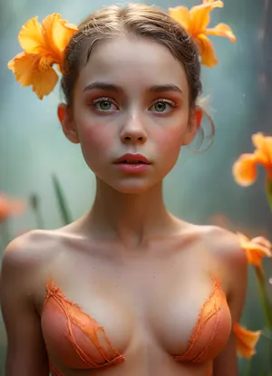 (masterpiece, best quality, ultra-detailed, photorealistic, HDR, fantasy art, portrait from face to upper thighs, full face, torso, and hips in frame, cropped above mid-thighs, figure centered, standing pose), female, young adult, Vesper, inhuman being, extremely sharp chin, face with gradient coloration—deep violet at the forehead softly blending to vivid pink at the neck, high angular cheekbones, three-petaled nose with three tiny nostrils, (eyes saturated orange with unique three-lobed iris:1.5), no visible sclera, long radiant lashes, upper lip shaped as a double wave, lower lip full, both lips metallic, shifting from magenta to copper, subtle smile, no natural eyebrows—thin faint glowing lines above eyes, ears elongated and shaped like flower petals, hair flows in long translucent pink waves, layered and cascading over shoulders, (upper body lithe, high prominent breasts with a soft luminescent glow, collarbones and shoulders sharply defined, covered by abstract swirling misty garment of shifting pinks and violets), (waist slender and flexible, belly and hips with smooth transition of gradient color, hips wide and high, upper thighs barely visible beneath layers of glowing fog-like fabric), hands by sides, long luminous fingers, background softly blurred—vivid cosmic mist and sparks, anatomy fantastical, ultra-real color, five distinct non-fused fingers on each hand if visible, <lora:MJ52:1>, <lora:SDXLHighDetail_v6-000005:.8>, <lora:Microwaist_XL_v01:.8>