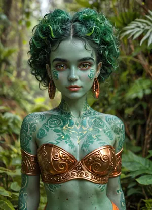 (masterpiece, best quality, ultra-detailed, photorealistic, HDR, fantasy art, portrait from face to upper thighs, full face and hips in frame, cropped above mid-thighs, figure centered, standing pose), female, young adult, Nia, inhuman Mayan-inspired being, rounded triangle face, deep glowing mahogany skin covered in swirling golden bioluminescent glyphs and markings, low square chin with defined central dimple, ultra-wide flat nose with upturned septum, enormous luminous emerald-green eyes with swirling amber rings and vertical slit pupils, no sclera, short crystalline rainbow lashes, thick angular obsidian-black feathered brows, (ultra-glossy, extremely wide flat lips with shifting iridescent crimson-gold color and precise vertical central line:1.5), gentle enigmatic smile, large ears shaped like stylized glowing tropical leaves edged in gold, jet-black sculptural hair swept upward into organic Mayan leaf forms with vibrant turquoise and magenta streaks, (upper body slender, chest and high rounded breasts adorned with bioluminescent Mayan glyphs, sheer layered iridescent jungle-green and orange fabrics crossing the bust and flowing over shoulders, collarbones and shoulders decorated с radiant golden tattoo patterns), (waist exceptionally narrow, smooth abdomen marked by luminous gold spiral lines, navel visible through transparent layers, hips dramatically wide, high and rounded, covered by semi-sheer cascading fabric that transitions from jungle green to fiery orange and fades at the upper thighs), hands at sides, elongated fingers with delicate golden webbing, background softly blurred, glowing rainforest, luminous leaves, mist, anatomy fantastical and harmonious, hyperreal color and detail, five distinct non-fused fingers on each hand if visible, <lora:MJ52:1>, <lora:SDXLHighDetail_v6-000005:.8>, <lora:Microwaist_XL_v01:.8>