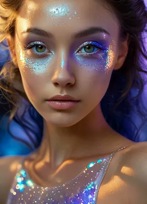 (masterpiece, best quality, ultra-detailed, photorealistic, HDR, fantasy art, waist-up view, upper body fully visible, face not in close-up, centered figure from head to waist), female, young adult, Aelith, otherworldly being, diamond-shaped elongated face, sapphire-blue skin with strong pearlescent glow and soft inner luminescence, sculpted cheekbones decorated с intricate crystalline patterns resembling natural minerals, no natural eyebrows — instead thin glowing silver lines above the eyes, (eyes entirely golden with no visible pupils or sclera, glowing softly from within:1.5), very long semi-transparent white lashes, elegant straight nose, full heart-shaped lips with metallic blue-violet shine, serene and enigmatic smile, ears elongated and edged with crystalline protrusions, hair extremely long, thick, pure silver with shifting iridescent highlights, flows to waist and frames shoulders, high slender neck glowing from within, (chest and bust clearly visible, chest and breasts covered by sheer translucent fabric with abstract opalescent refractions, visible shape of firm, naturally rounded breasts and upper curvature, skin beneath the fabric shimmers softly, crystalline collarbones catch the light), (waist very slim and elongated, smooth sapphire-blue skin, sides adorned with subtle glowing crystal veins, hint of navel visible through fabric, lower body transitioning into flowing garment made of liquid glass texture, hips gently widening in a harmonious line from narrow waist), posture poised and still, background softly blurred as a cosmic nebula of blues and violets with radiant starlight, five distinct non-fused fingers on each hand if visible, anatomically correct, inhuman beauty, hyperreal color, ultra-sharp detail, <lora:MJ52:1>, <lora:SDXLHighDetail_v6-000005:.8>, <lora:Microwaist_XL_v01:.8>