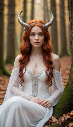 20000412.0, A delicate yet mystical fae princess with soft, porcelain skin and flowing red hair cascading down her shoulders. Her majestic curved horns are adorned with silver chains and small gemstones, giving her an ethereal, otherworldly appearance. Dressed in a flowing white gown, she sits gracefully in an enchanted autumn forest, her wide, expressive eyes filled with ancient wisdom. The soft, diffused light and earthy surroundings create a fairy tale-like atmosphere, making her seem like a guardian…