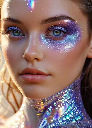 (masterpiece, best quality, ultra-detailed, photorealistic, HDR, fantasy art, waist-up portrait, entire figure from head to waist, face and upper body centered in frame, direct visual focus), female, young adult, Aelith, fantastical being, inhuman, sapphire-blue skin with intense pearlescent glow and inner luminescence, diamond-shaped elongated face, sharply sculpted cheekbones adorned with complex, crystalline natural patterns shimmering in rainbow hues, completely gold irises with no visible pupils or sclera, eyes softly glowing from within, long translucent white lashes, brow area replaced by thin luminescent silver lines, nose small, smooth, with perfectly straight bridge, lips heart-shaped, metallic ultramarine and violet shine, no natural texture, gentle enigmatic smile, ears extended upward and outward with crystalline outgrowths along edges, hair hyperlong, thick, silver-white with shifting iridescent tints, cascading to waist in abstract fluid waves, high swanlike neck glowing from within, shoulders and chest sheathed in semi-transparent glassy fabric with abstract opalescent refractions and subtle prismatic highlights, skin beneath garment subtly shimmers, natural crystalline collar and pauldrons formed by body, posture regal and still, background softly blurred — cosmic nebula of deep blues, purples, shimmering starlight, five distinct non-fused fingers on each hand if visible, perfect anatomy, hyperreal color, ultra-sharp focus, <lora:MJ52:1>, <lora:SDXLHighDetail_v6-000005:.8>, <lora:Microwaist_XL_v01:.8>, <lora:EnvyZoomSliderXL01:-1>