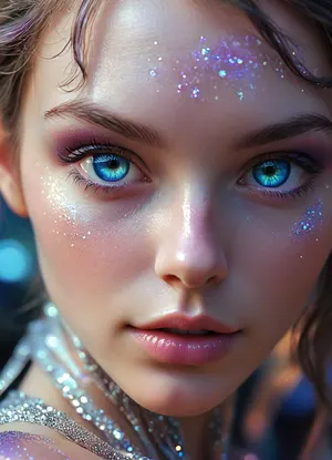 (masterpiece, best quality, ultra-detailed, photorealistic, HDR, fantasy art, waist-up portrait, entire figure from head to waist, face and upper body centered in frame, direct visual focus), female, young adult, Aelith, fantastical being, inhuman, sapphire-blue skin with intense pearlescent glow and inner luminescence, diamond-shaped elongated face, sharply sculpted cheekbones adorned with complex, crystalline natural patterns shimmering in rainbow hues, completely gold irises with no visible pupils or sclera, eyes softly glowing from within, long translucent white lashes, brow area replaced by thin luminescent silver lines, nose small, smooth, with perfectly straight bridge, lips heart-shaped, metallic ultramarine and violet shine, no natural texture, gentle enigmatic smile, ears extended upward and outward with crystalline outgrowths along edges, hair hyperlong, thick, silver-white with shifting iridescent tints, cascading to waist in abstract fluid waves, high swanlike neck glowing from within, shoulders and chest sheathed in semi-transparent glassy fabric with abstract opalescent refractions and subtle prismatic highlights, skin beneath garment subtly shimmers, natural crystalline collar and pauldrons formed by body, posture regal and still, background softly blurred — cosmic nebula of deep blues, purples, shimmering starlight, five distinct non-fused fingers on each hand if visible, perfect anatomy, hyperreal color, ultra-sharp focus, <lora:MJ52:1>, <lora:SDXLHighDetail_v6-000005:.8>, <lora:Microwaist_XL_v01:.8>, <lora:EnvyZoomSliderXL01:-1>