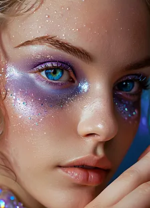 (masterpiece, best quality, ultra-detailed, photorealistic, HDR, fantasy art, waist-up portrait, entire figure from head to waist, face and upper body centered in frame, direct visual focus), female, young adult, Aelith, fantastical being, inhuman, sapphire-blue skin with intense pearlescent glow and inner luminescence, diamond-shaped elongated face, sharply sculpted cheekbones adorned with complex, crystalline natural patterns shimmering in rainbow hues, completely gold irises with no visible pupils or sclera, eyes softly glowing from within, long translucent white lashes, brow area replaced by thin luminescent silver lines, nose small, smooth, with perfectly straight bridge, lips heart-shaped, metallic ultramarine and violet shine, no natural texture, gentle enigmatic smile, ears extended upward and outward with crystalline outgrowths along edges, hair hyperlong, thick, silver-white with shifting iridescent tints, cascading to waist in abstract fluid waves, high swanlike neck glowing from within, shoulders and chest sheathed in semi-transparent glassy fabric with abstract opalescent refractions and subtle prismatic highlights, skin beneath garment subtly shimmers, natural crystalline collar and pauldrons formed by body, posture regal and still, background softly blurred — cosmic nebula of deep blues, purples, shimmering starlight, five distinct non-fused fingers on each hand if visible, perfect anatomy, hyperreal color, ultra-sharp focus, <lora:MJ52:1>, <lora:SDXLHighDetail_v6-000005:.8>, <lora:Microwaist_XL_v01:.8>, <lora:EnvyZoomSliderXL01:.1>