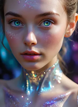 (masterpiece, best quality, ultra-detailed, photorealistic, HDR, fantasy art, waist-up portrait, entire figure from head to waist, face and upper body centered in frame, direct visual focus), female, young adult, Aelith, fantastical being, inhuman, sapphire-blue skin with intense pearlescent glow and inner luminescence, diamond-shaped elongated face, sharply sculpted cheekbones adorned with complex, crystalline natural patterns shimmering in rainbow hues, completely gold irises with no visible pupils or sclera, eyes softly glowing from within, long translucent white lashes, brow area replaced by thin luminescent silver lines, nose small, smooth, with perfectly straight bridge, lips heart-shaped, metallic ultramarine and violet shine, no natural texture, gentle enigmatic smile, ears extended upward and outward with crystalline outgrowths along edges, hair hyperlong, thick, silver-white with shifting iridescent tints, cascading to waist in abstract fluid waves, high swanlike neck glowing from within, shoulders and chest sheathed in semi-transparent glassy fabric with abstract opalescent refractions and subtle prismatic highlights, skin beneath garment subtly shimmers, natural crystalline collar and pauldrons formed by body, posture regal and still, background softly blurred — cosmic nebula of deep blues, purples, shimmering starlight, five distinct non-fused fingers on each hand if visible, perfect anatomy, hyperreal color, ultra-sharp focus, <lora:MJ52:1>, <lora:SDXLHighDetail_v6-000005:.8>, <lora:Microwaist_XL_v01:.8>, <lora:EnvyZoomSliderXL01:-1>